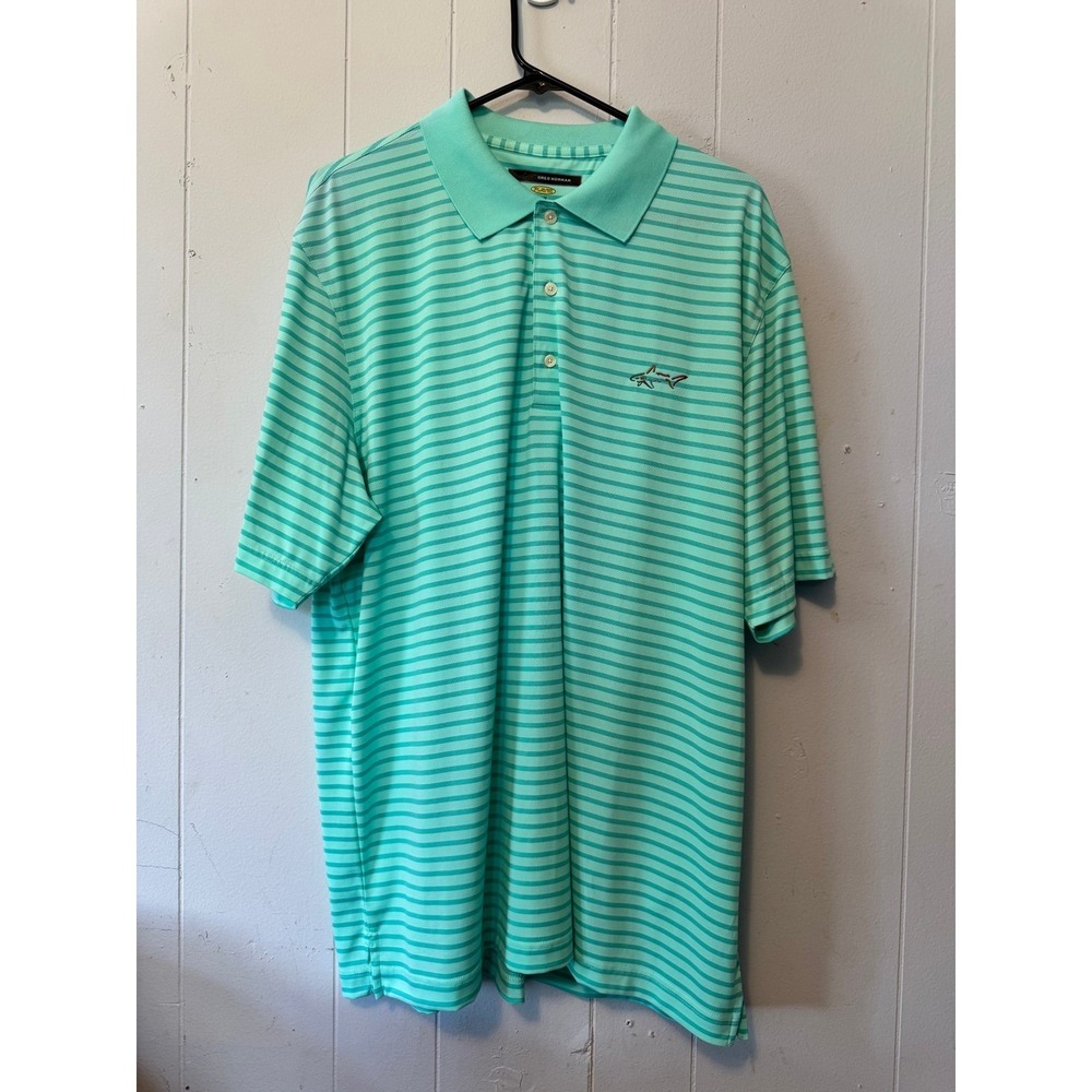 Greg Norman PlayDry Mens XL Golf‎ Polo Shirt Mint Green Teal Striped Performance